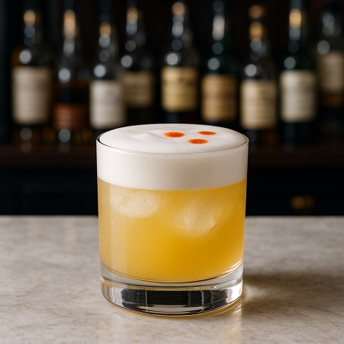 Whiskey Sour cocktail in a rocks glass.